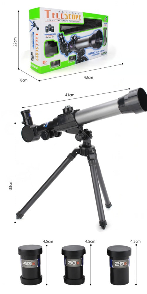 Telescope with tripod and accessories, including a box, on a white background with measurements.