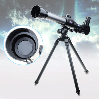 Telescope on a tripod with a close-up of the lens against a celestial background